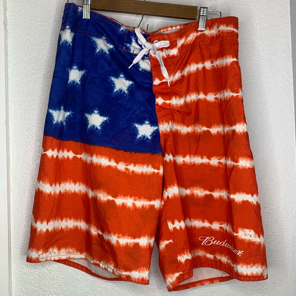 Budweiser American Flag Board Shorts Swim Trunks Patriotic Y2K Poolside Beach